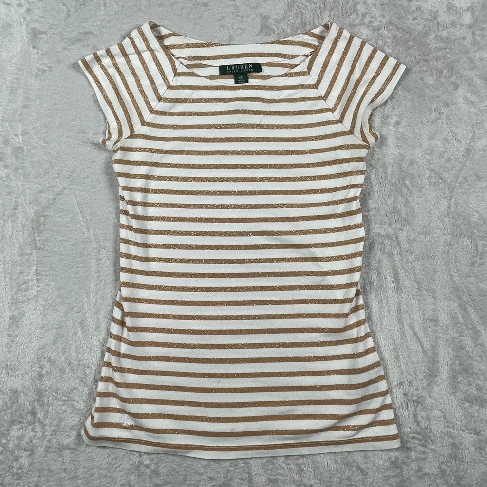 Lauren Ralph Lauren XS Top Gold Metallic Stripe Tee T-Shirt Women's